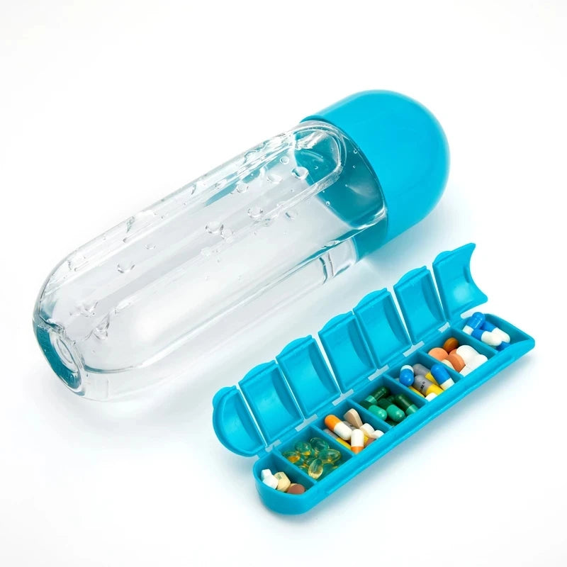 2 In 1 Pill Box Water Bottle Portable Travel