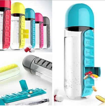 2 In 1 Pill Box Water Bottle Portable Travel